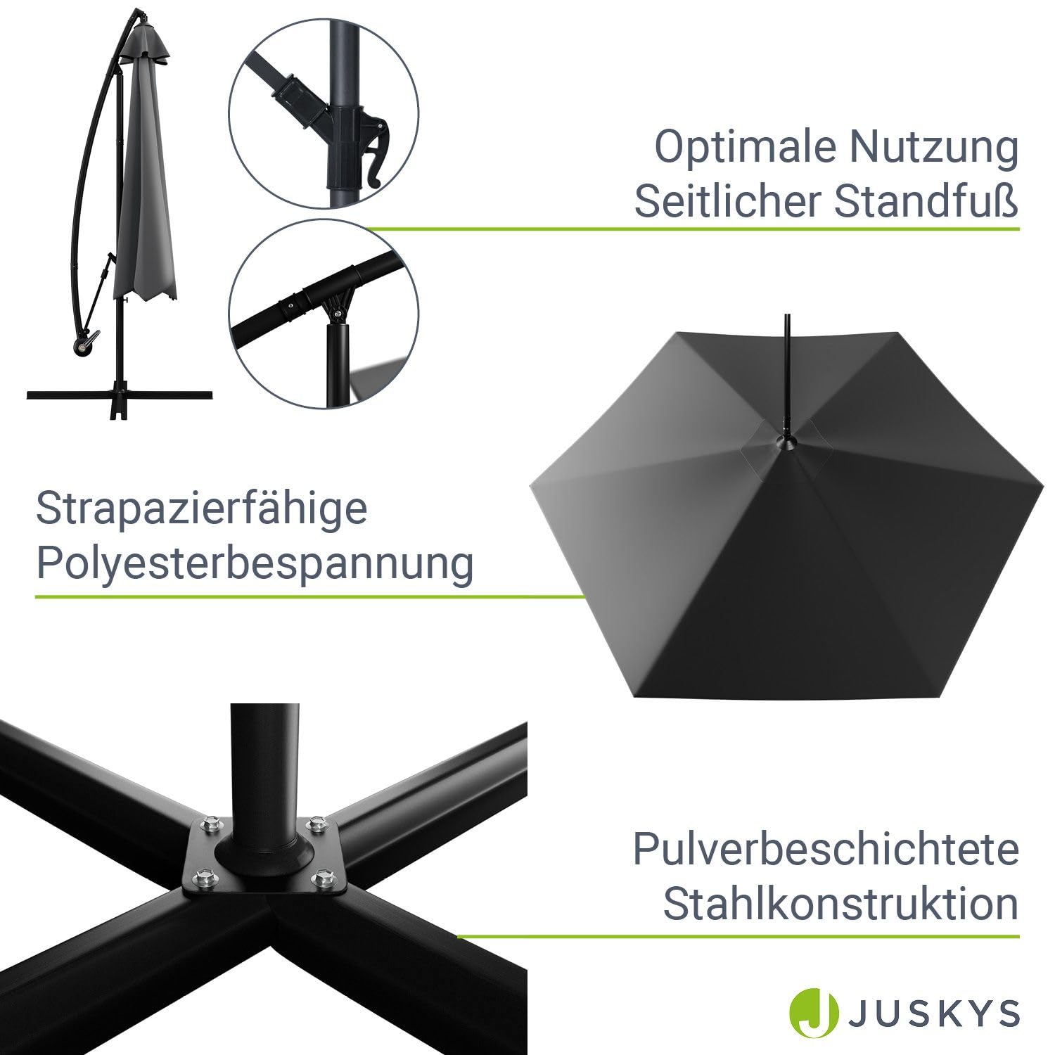 Juskys Brazil zweefparasol, 350 cm, led, zonnebrandcrème, uv-bescherming, waterdicht, opvouwbaar, marktscherm, grijs