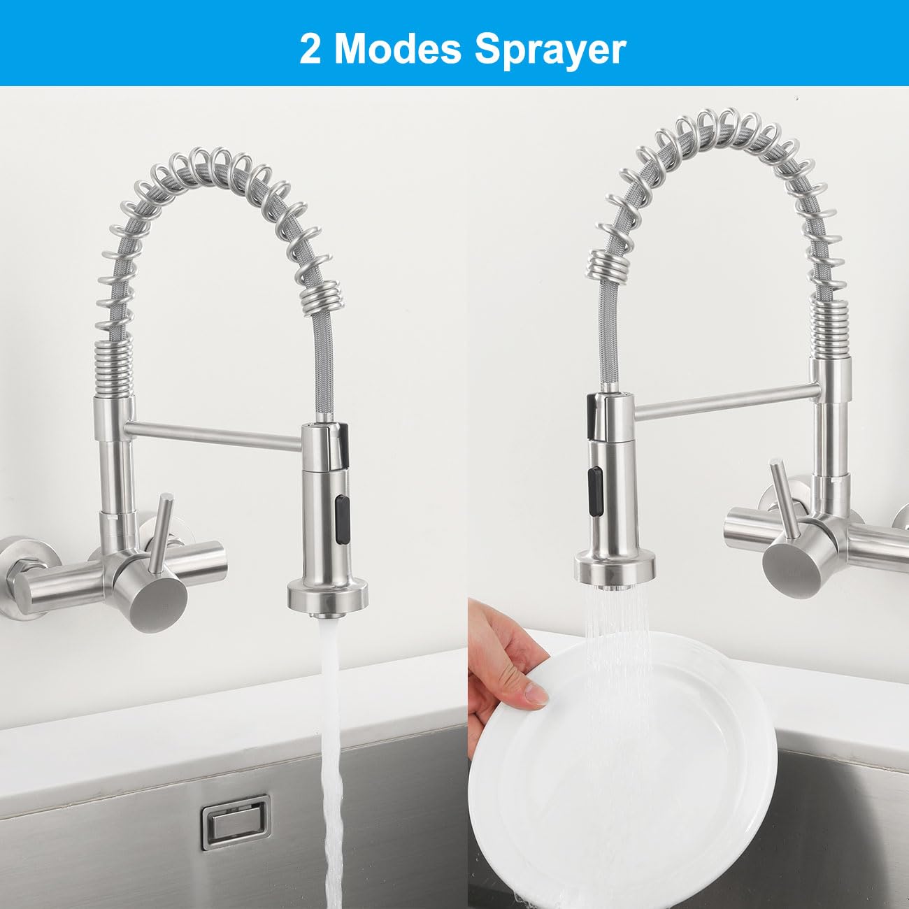 Küchenarmatur Wandmontage 11 cm, Wandarmatur mit 2 Strahlarten | Hoch Gebogen Wasserhahn Wand Küche mit Herunterziehbare Brause | 360° drehbar Mischbatterie aus Edelstahl | Matt