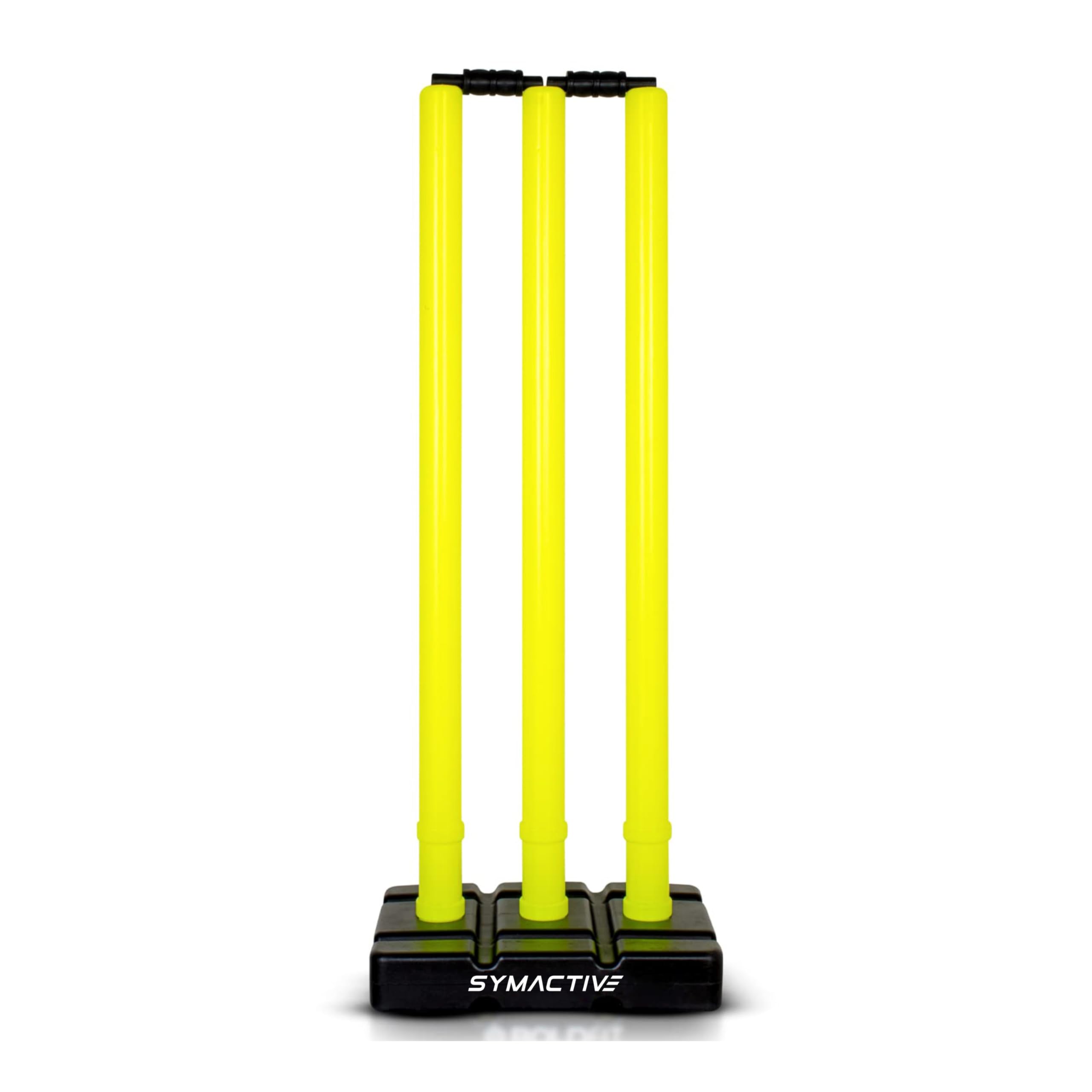 Amazon Brand - Symactive Cricket Stumps with Stand Kit Plastic Wickets for Standard Wickets for Ground, Match, Tournament Stump with Stand & Bails