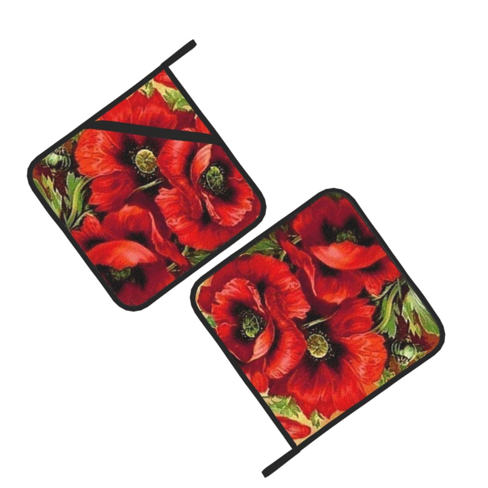 Beautiful Red Poppy Flower Printed Oven Pot Holders Set of 2 Pcs Heat Resistant Kitchen Microwave Potholders for Cooking Baking Grilling