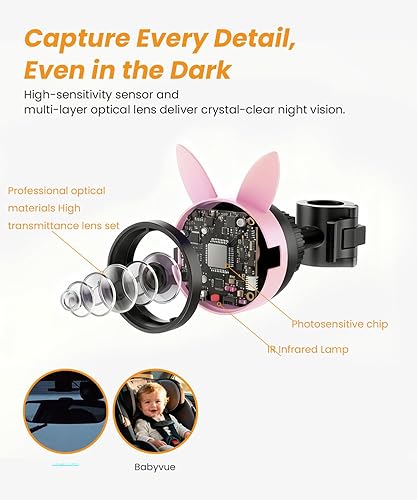 Miniatura 4 de Babyvue BV2 USB Baby Car Cámara 4.5" 1080P Cámara de asiento de coche con visión nocturna IR y clip a prueba de golpes, monitoreo infantil en tiempo