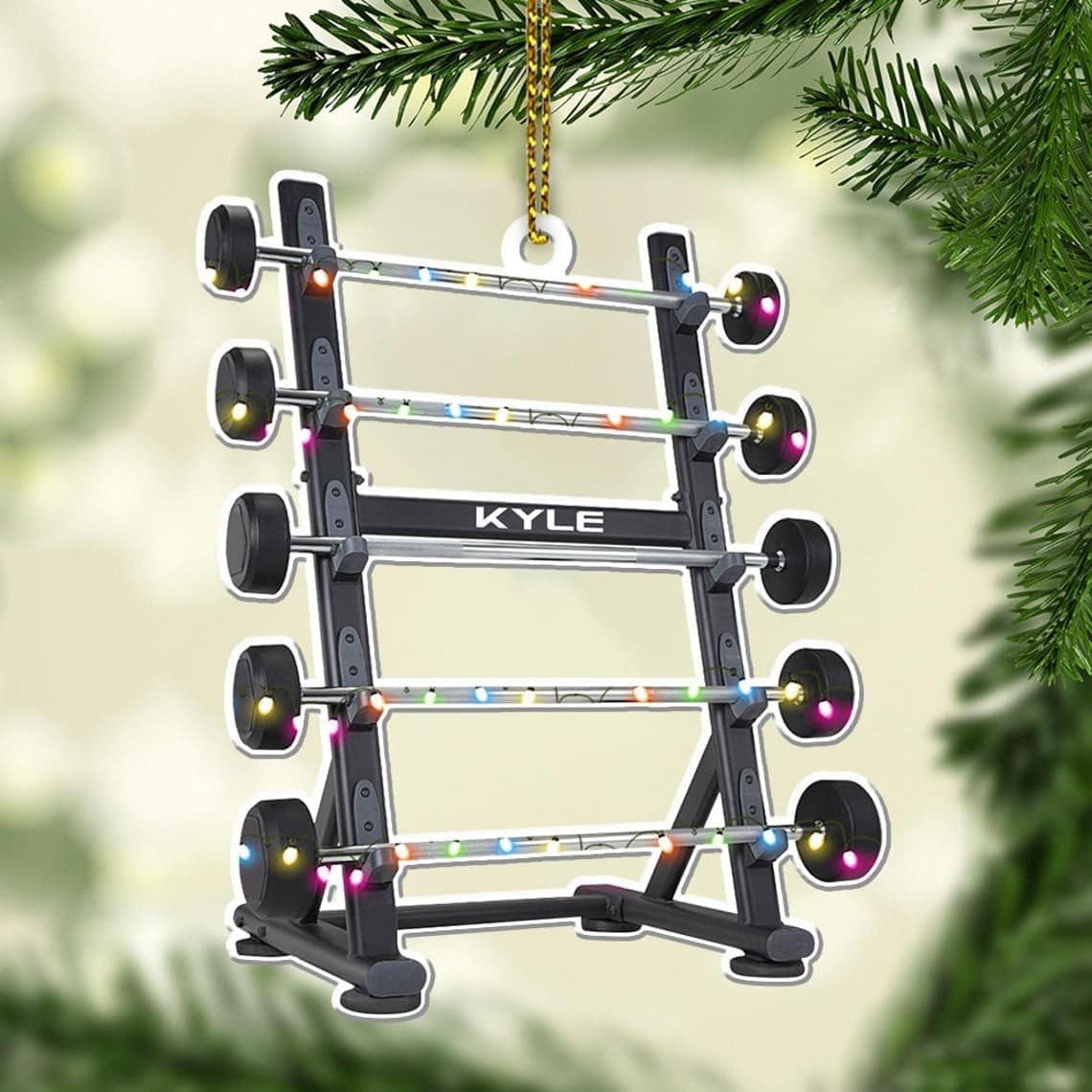 Custom Christmas Ornament Barbell Rack with Festive Holiday Lights – Personalized Strength Training Weightlifting Fitness Decoration Gift for Gym Lovers and Bodybuilders