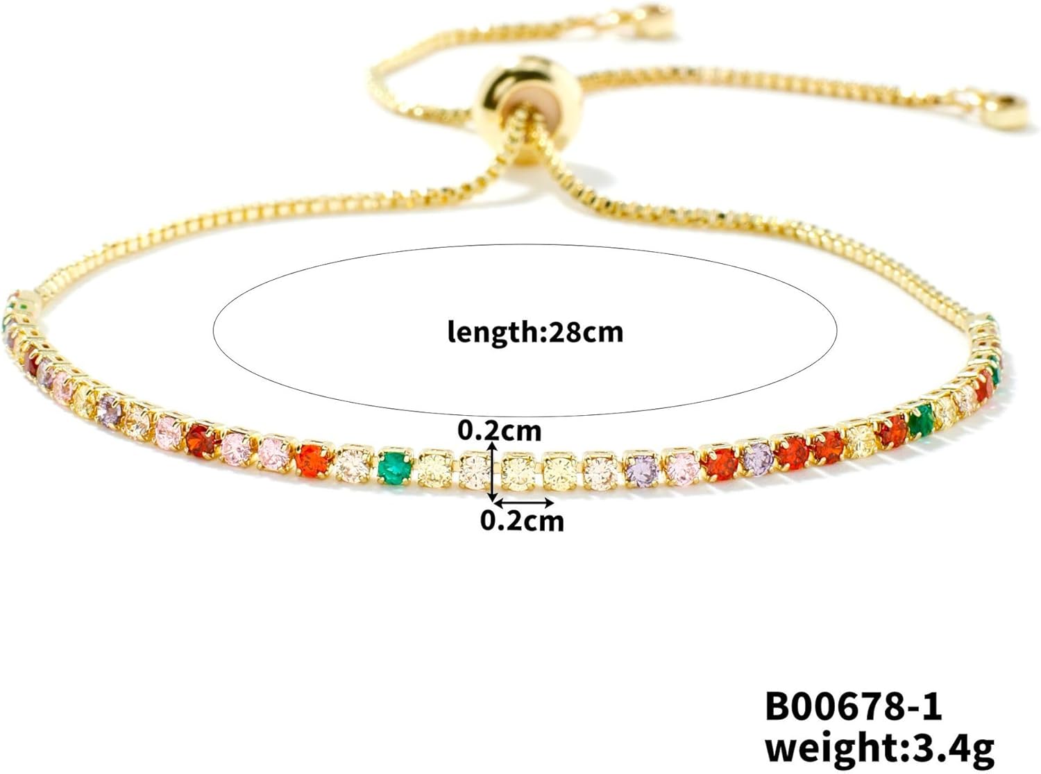 CANYEN® Multicolored Rhinestone Bracelet, 2mm CZ Tennis Bracelets, Dainty Gold Crystal Bracelet for Women, Mini Colored Diamond Bracelet, Multicolor Cubic Zirconia Bracelets, Small Colorful Rainbow Bolo Bracelets, Tiny Adjustable Non Tarnish Waterproof Mothers Day Valentine's Day Jewelry Gifts - Image 2