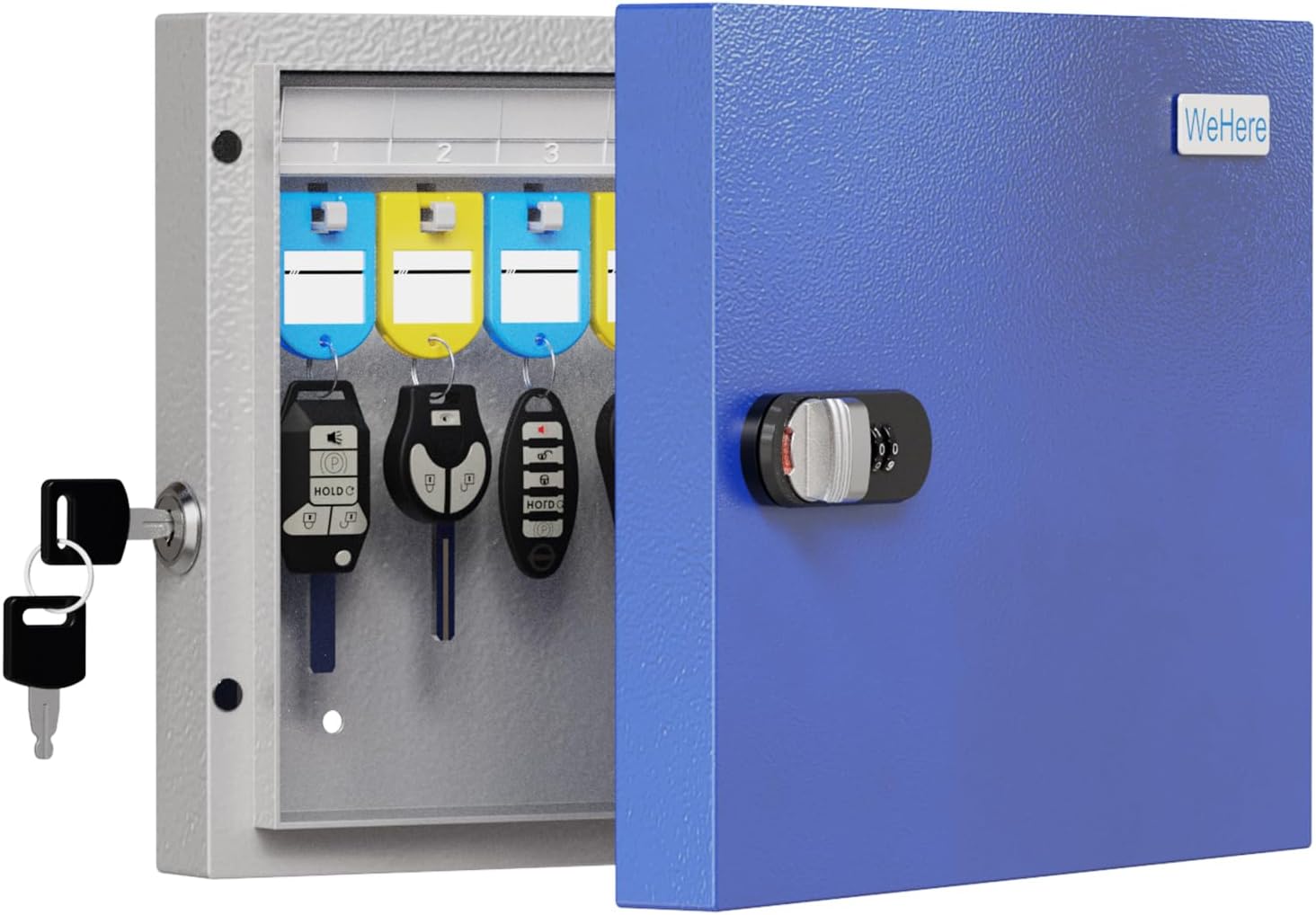 WeHere 16 Key Lock Box for Home & Small Business, Wall Mounted Key Cabinet with Dual Lock (Key & 3-Digit Combination), Secure Key Organizer Includes Key Tags