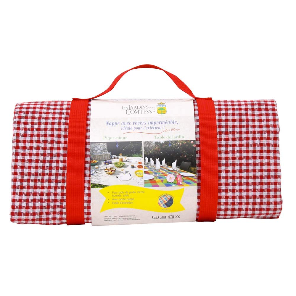 Les Jardins de la Comtesse - Grande Nappe de Picnic Vichy Rouge - Coton et Revers Etanche Polyester - 280 x 140 cm - 6/8 Personnes - Tapis/Couverture de Picnic livrée avec Porte-Nappe