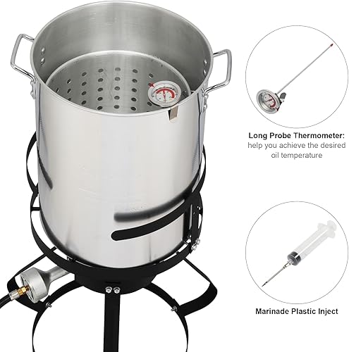 Miniatura 9 de Juego de freidora de pavo de 30 cuartos de galón, vaporizador de caldera de pescado y mariscos de aluminio con quemador de gas propano de 55,000
