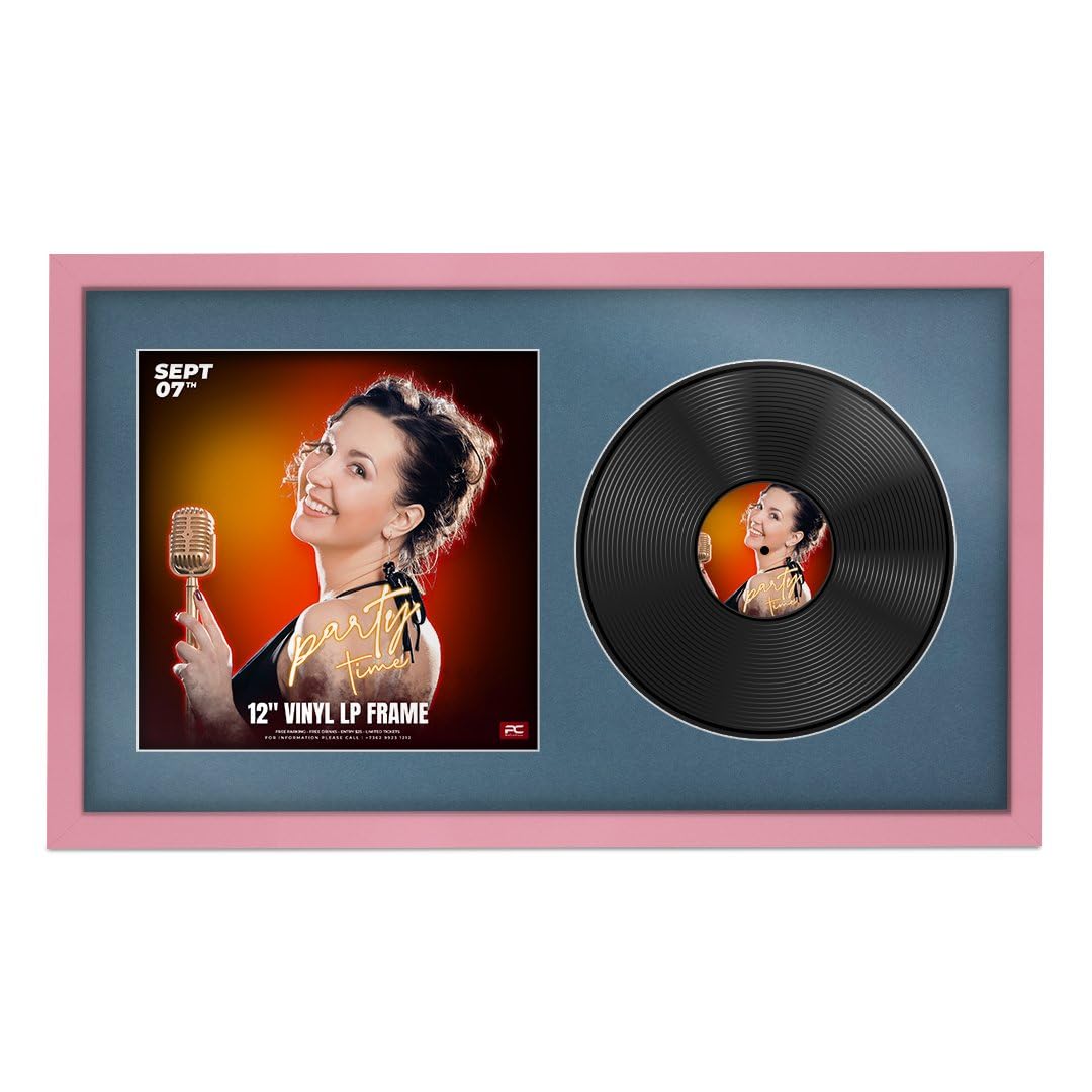Procut Global 30x17" Pink Vinyl Record Frame for 12 Inch LP Cover & Disc - Premium Display Sleek Photo Frame - Engineered Wood with Shatterproof Perspex - Music Lover Gift - Pompadour Mount