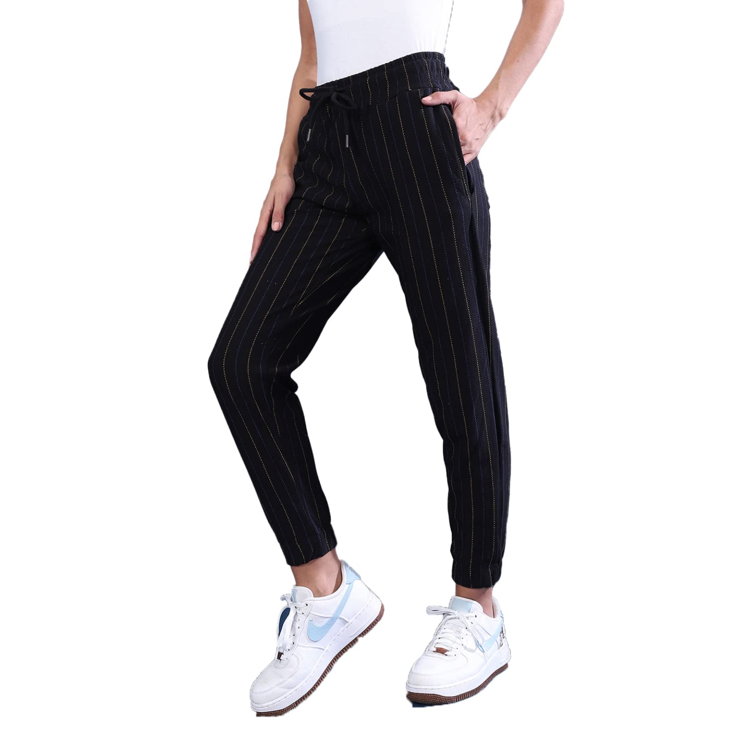 Campus Sutra Women Striped Cuffed Joggers in neutral