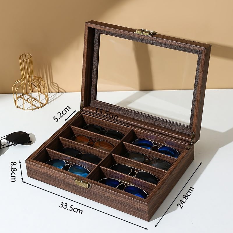 ENGENDER Estuche Para Gafas Caja de almacenamiento gafas sol 8 rejillas cuero con veta madera retro, gran capacidad, ideal for viajes y familias