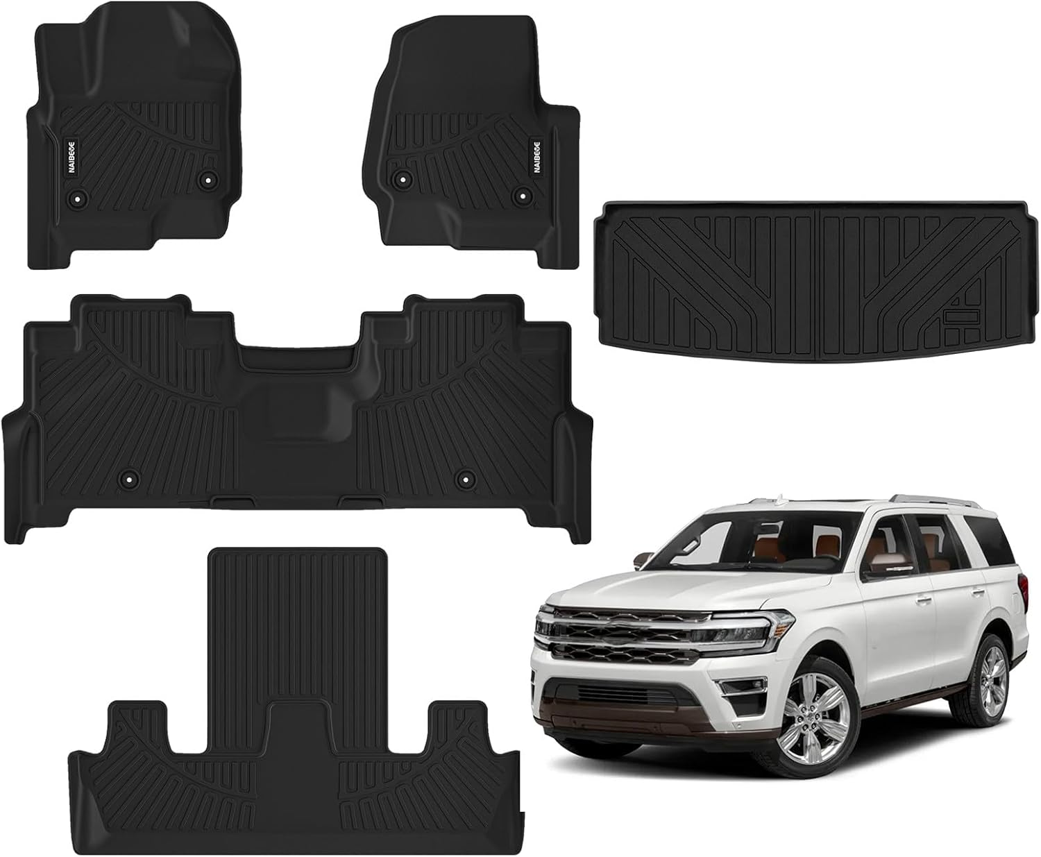 Naibeve Floor Mats for 2018-2024 Ford Expedition Max 8 Seats with 2nd Row Bench Seat-All Weather for Ford Expedition Max Floor Mats Liners 3 Row & Cargo Liner Behind 3rd Row Accessories (Only MAX)