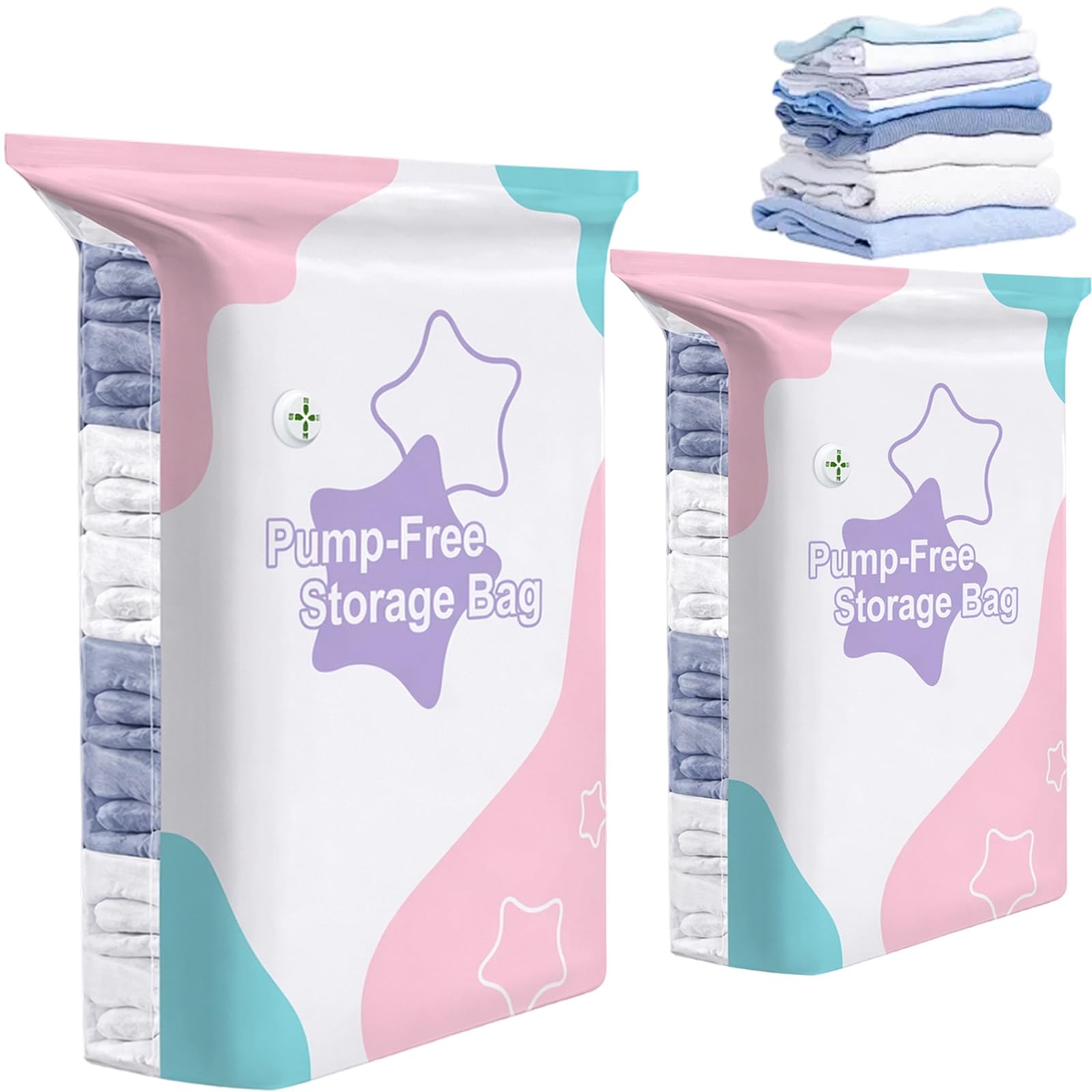 2-Pack No-Pump Vacuum Storage Bags, 1 Extra Large and 1 Medium, 3D Design with Double-Zip Seal for Clothes and Bedding