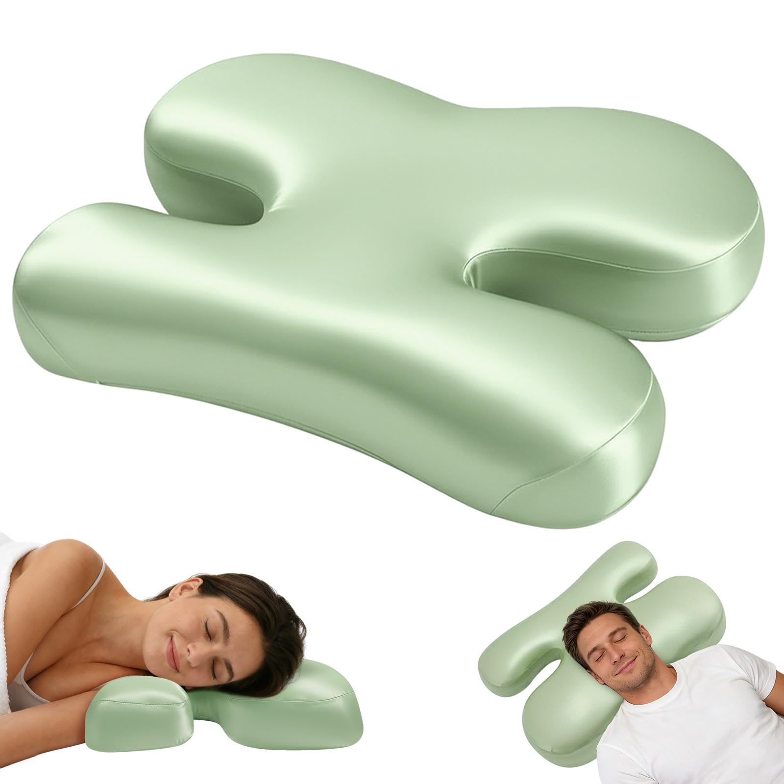 vocheer Side Sleeper Pillow for Anti-Wrinkle, Cooling Memory Foam Beauty Pillows for Neck Pain & Breathing Smoothly, Silky Satin Anti-Aging Pillow with Ergonomic Design for Side Sleeper (Green)