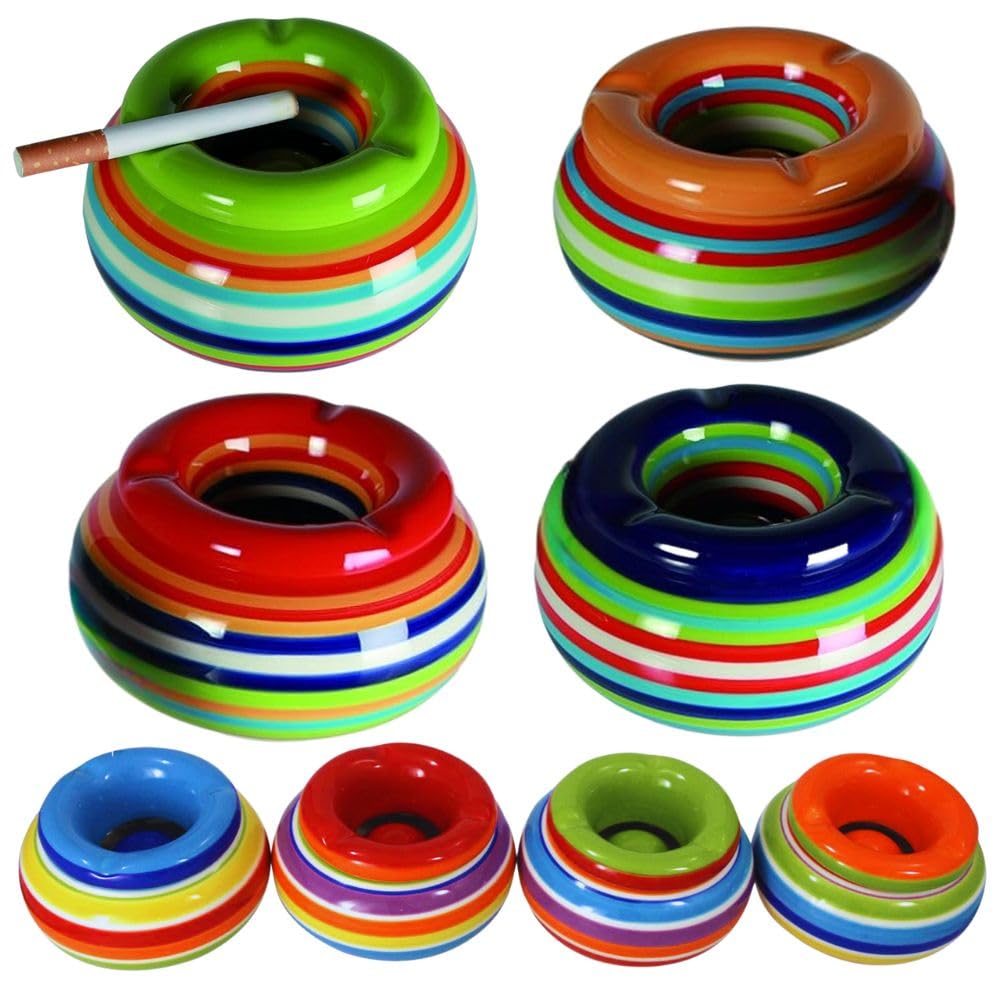 Riyashop Ashtray, wind ashtray, ceramic table ashtray with lid, colourful stripes (blue)