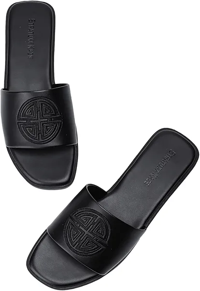Stratuxx Kaze Womens Flat Sandals Dressy Summer Slide with Memory Foam Comfortable Cute Leather Black Sandals for Women