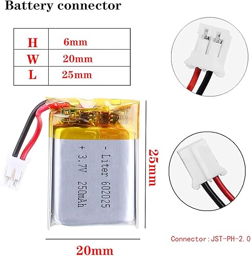 Miniatura 2 de Batería recargable del ion del polímero de litio de la batería del litro 3.7V 250mAh 602025 Lipo con el conector PH-2.0