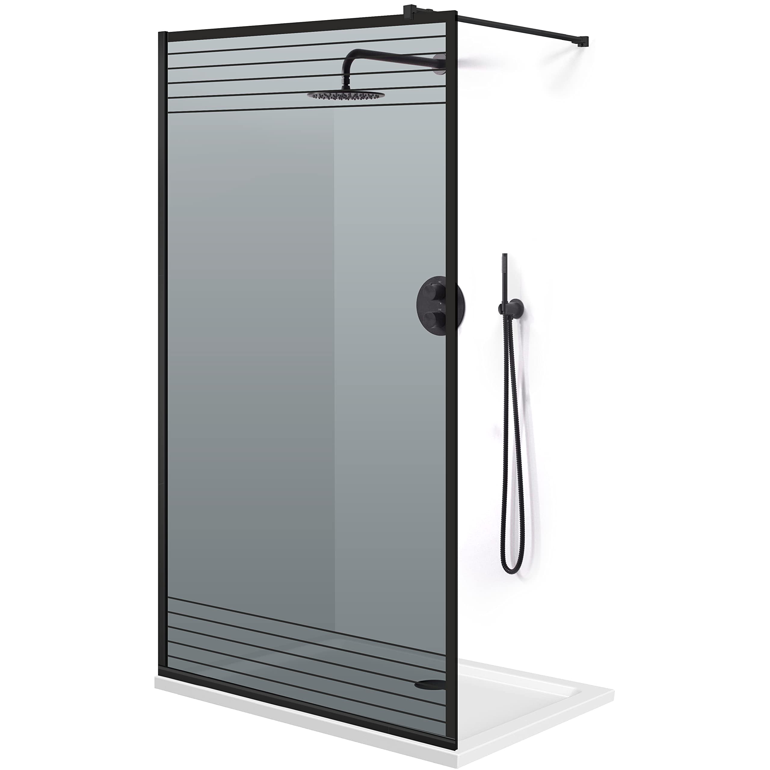 Aqua Roy Schwarz, Modellzaun Schwarz, Größe 100 cm ab 70/80/90/100/110/120, Walk in Duschwand Duschabtrennung 8mm Glas grau mit NANO-beschichtetem sandgestrahltem Muster (100x195cm)