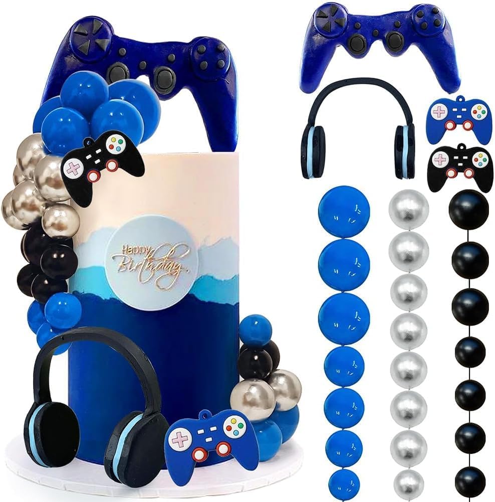 30pcs Gaming Cake Topper Set,Game On Gamer Cake Decorations with Headset, Controller,Game Symbol Toppers & Cake Balls,for Birthday Parties,Gaming Themed Celebrations (Blue)