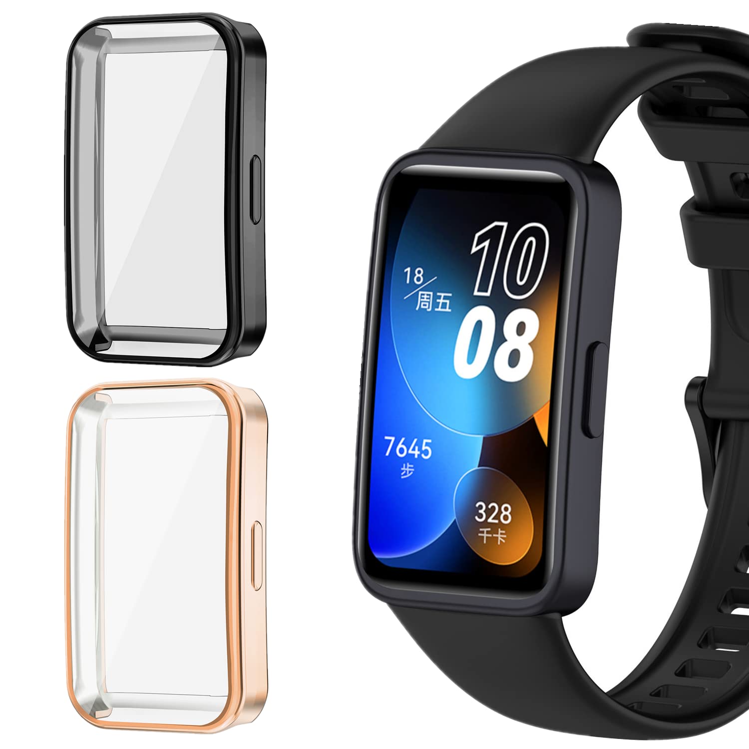 [2-Pack] Screen Protector Case Compatible with Huawei Band 8, Soft TPU Plated Case All-Around Protective Screen Full Cover Bumper (Black+Rose Gold)