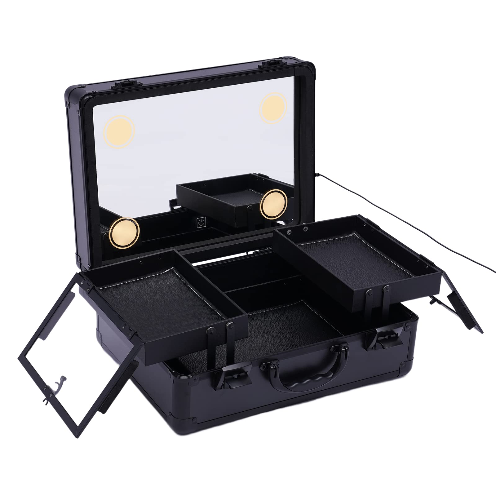 Różowe złoto ABS Makeup Case, organizer na kosmetyki z oświetleniem i lustrem, kuferek na kosmetyki z indywidualnymi przegródkami, 37 x 28 x 16 cm