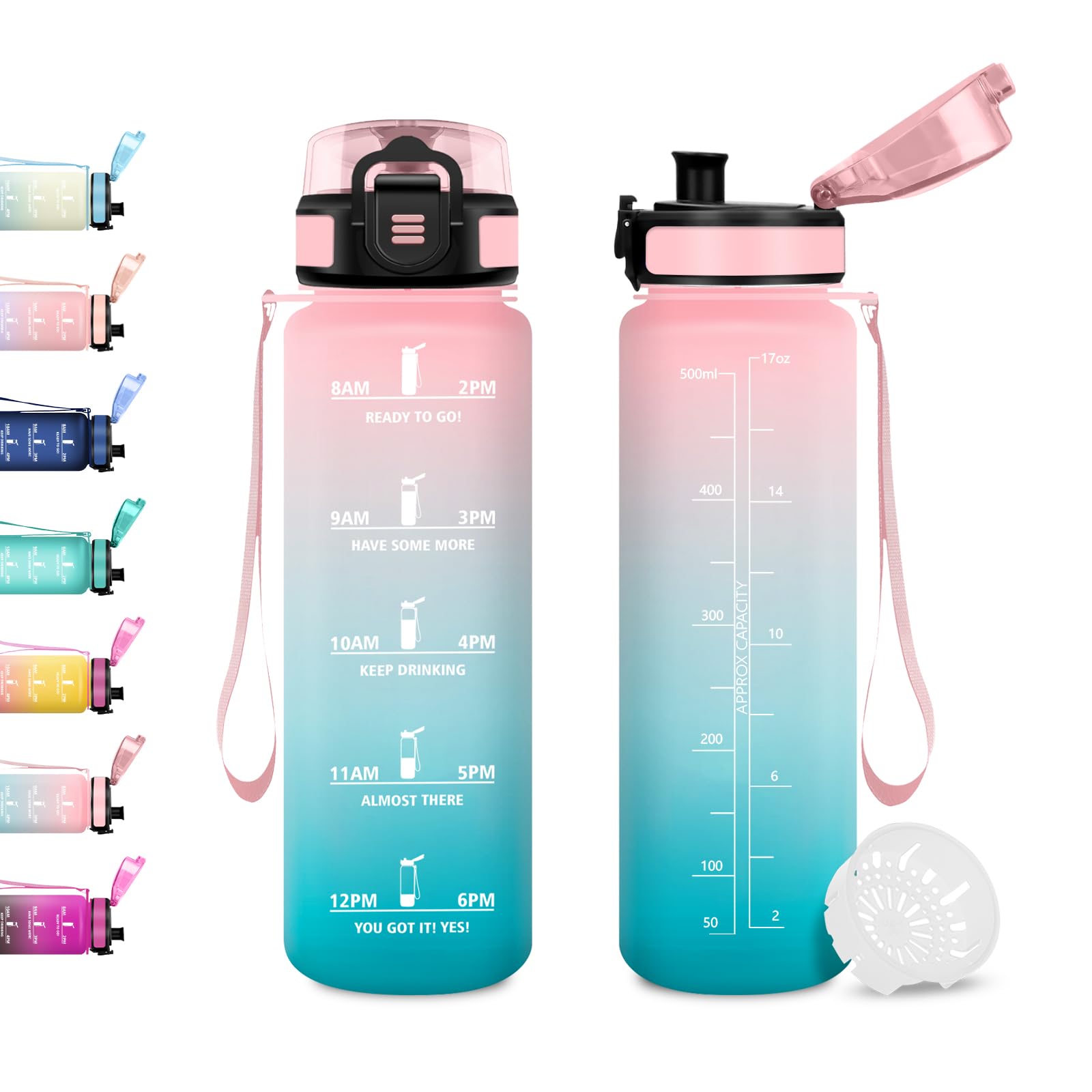 JAPORIA 500ml Water Bottle with Straw, Motivational Water Bottle with Time Scale for Camping, Travel, Running, Cycling