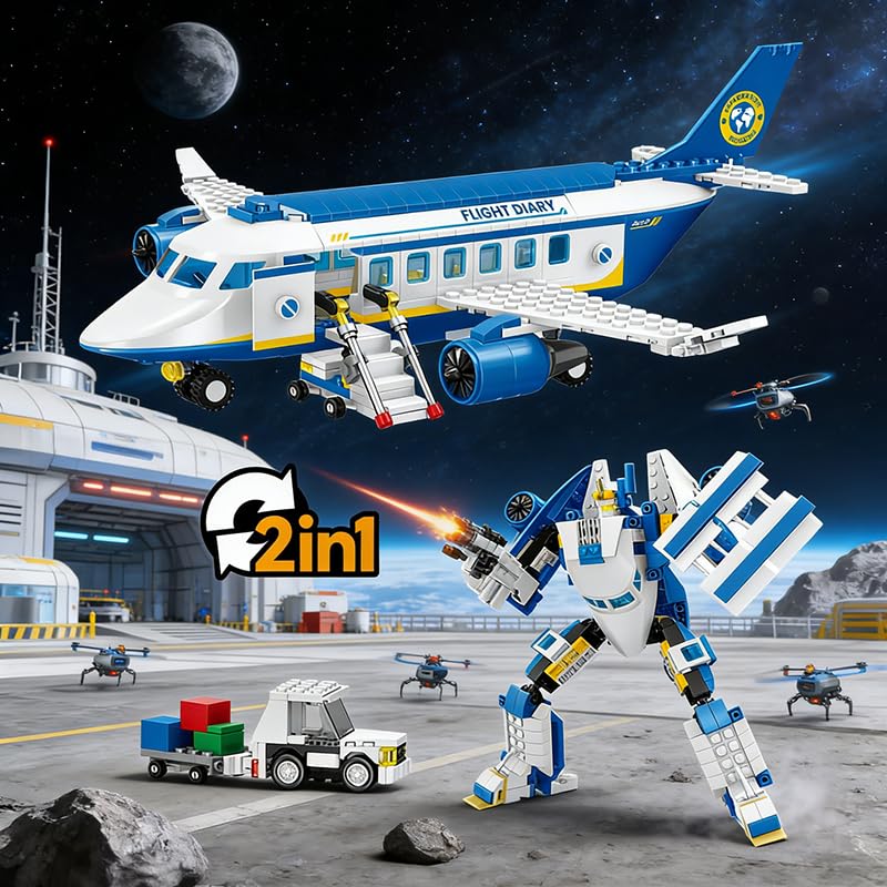 Image of SKY LINE OCEAN 2-in-1 Construction Blocks Passenger Airplane & Robot Toy, 417 Pieces Building Set, STEM Educational DIY Kit for Kids Boys & Girls Ages 6+ | 5 Year Structural Warranty