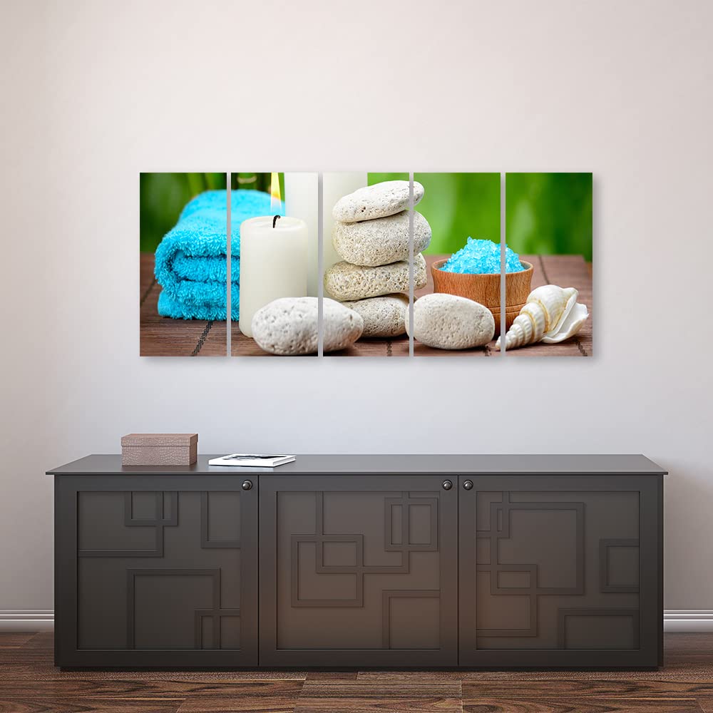 Feeby Wandbild XXL 5-teilig 150x60 cm Spa Zensteine Badesalz Entspannung Leinwandbild Wandbild Kunst Bilder Schlafzimmer Muschel Kerzen Friedlichkeit Blau