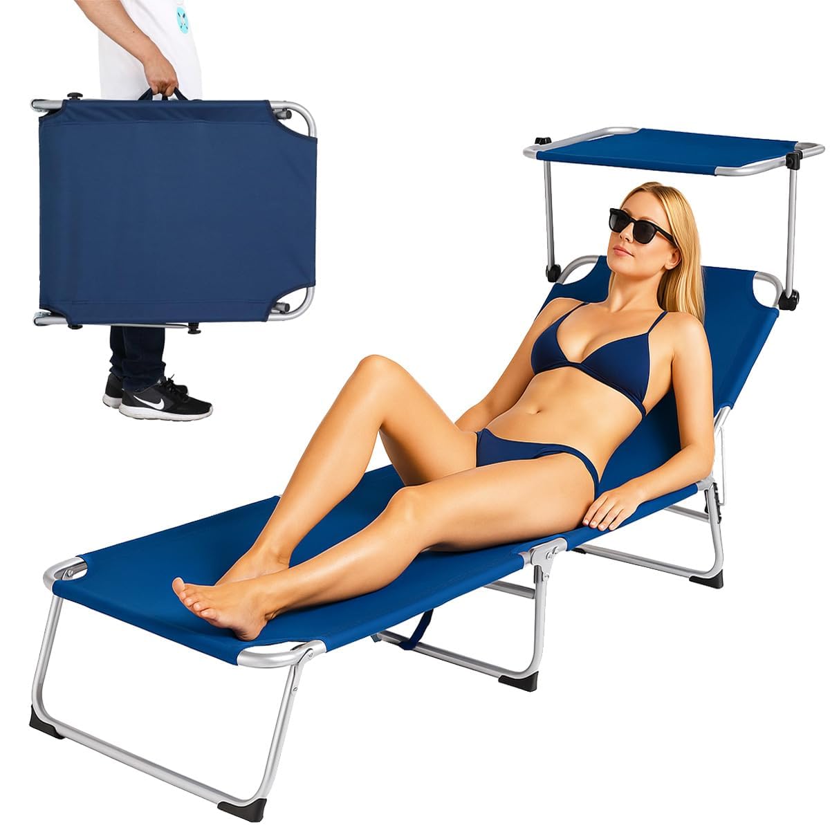 BAKAJI Lettino Prendisole con Tettuccio Parasole Sdraio Pieghevole Salvaspazio, Schienale Regolabile, Struttura in Metallo e Tessuto in Poliestere per Mare Spiaggia Piscina (Blu)