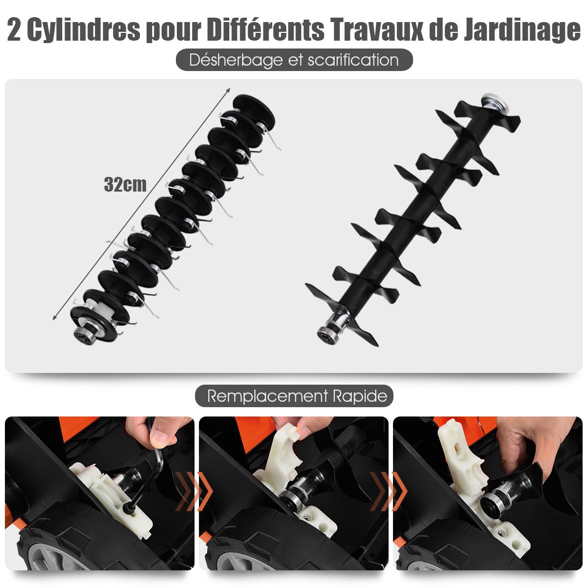 RELAX4LIFE Scarificateur Aérateur Électrique 1800W jusqu'à 350m² avec Bac de Ramassage 45L, Profondeur&Hauteur Réglable,Verrou de sécurité pour Gazon Sol (Orange, 45L-1800W)