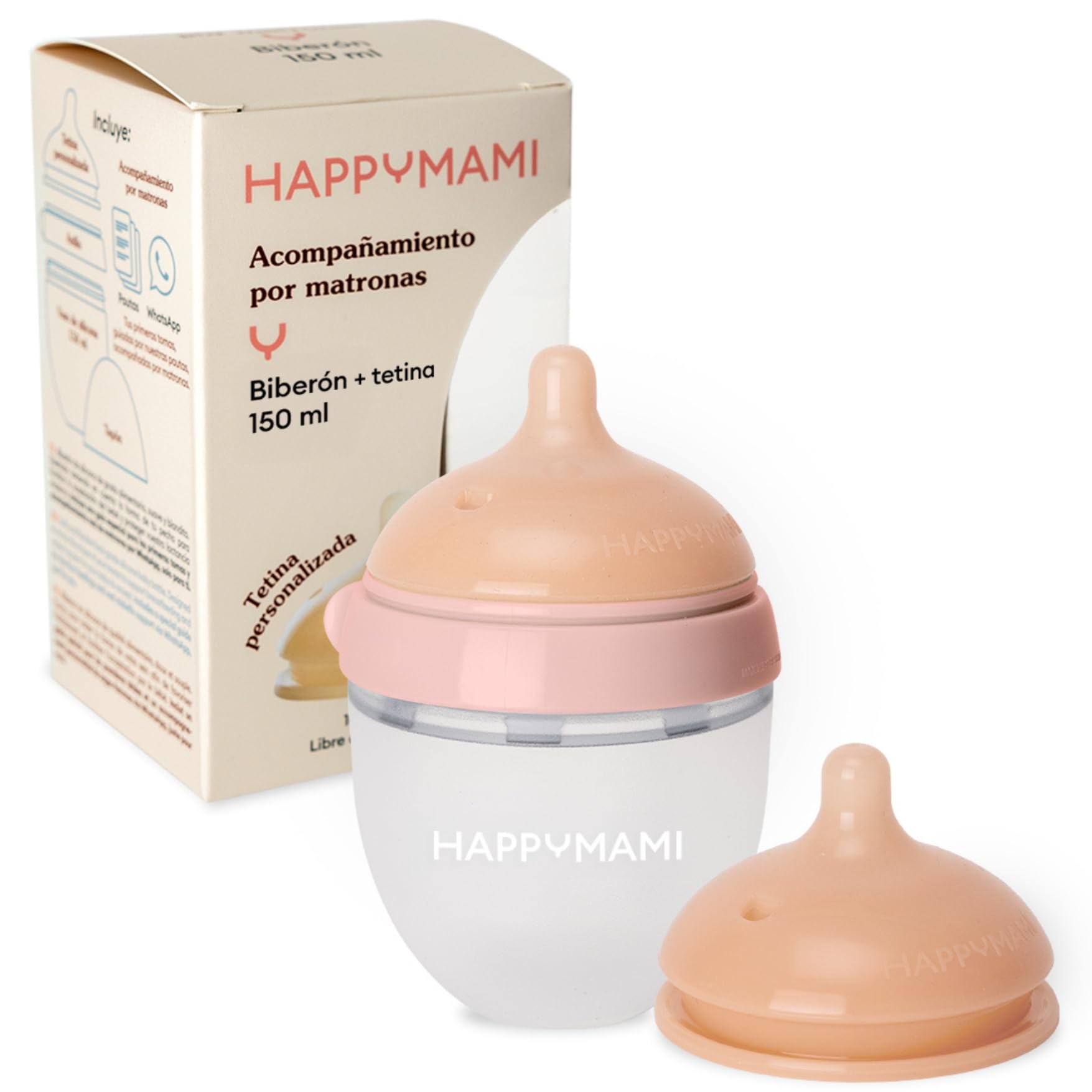 Happymami, Set biberon anti-colique personnalisé en silicone + tétine, design anatomique, avec tétine extra, sans BPA (Rose 150ml)