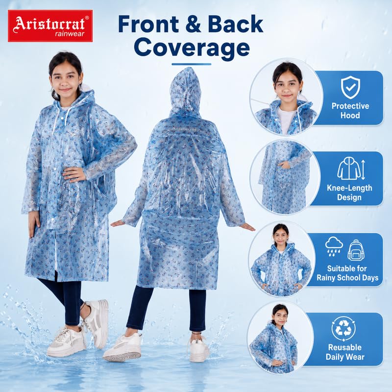 Image of Aristocrat Kids Humpty Dumpty Waterproof Raincoat with Hood | Knee Length Rainwear for Boys & Girls | Regular Fit Rain Jacket with Two Front Pockets | All-Weather Protection Rainwear