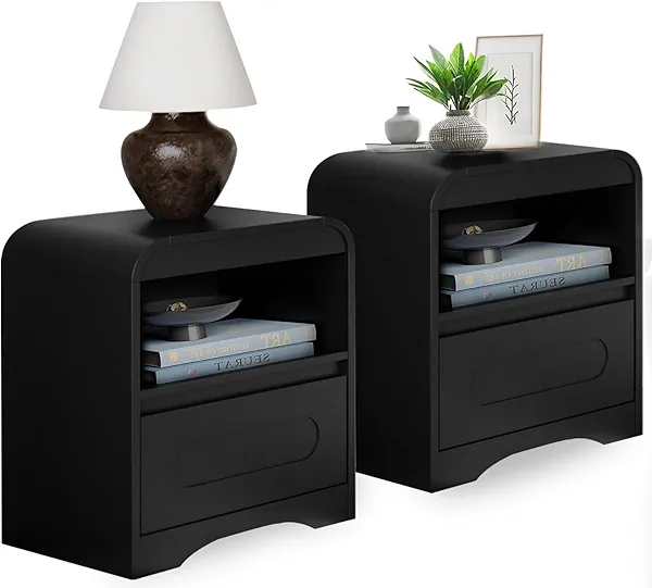 Black Nightstand Set of 2, Nightstand with Drawers, 22" Modern Nightstands Bed Side Table Large Bedside Stand 18" Wide End Table for Bedroom Living Room Sofa Office,Curved Profile Design