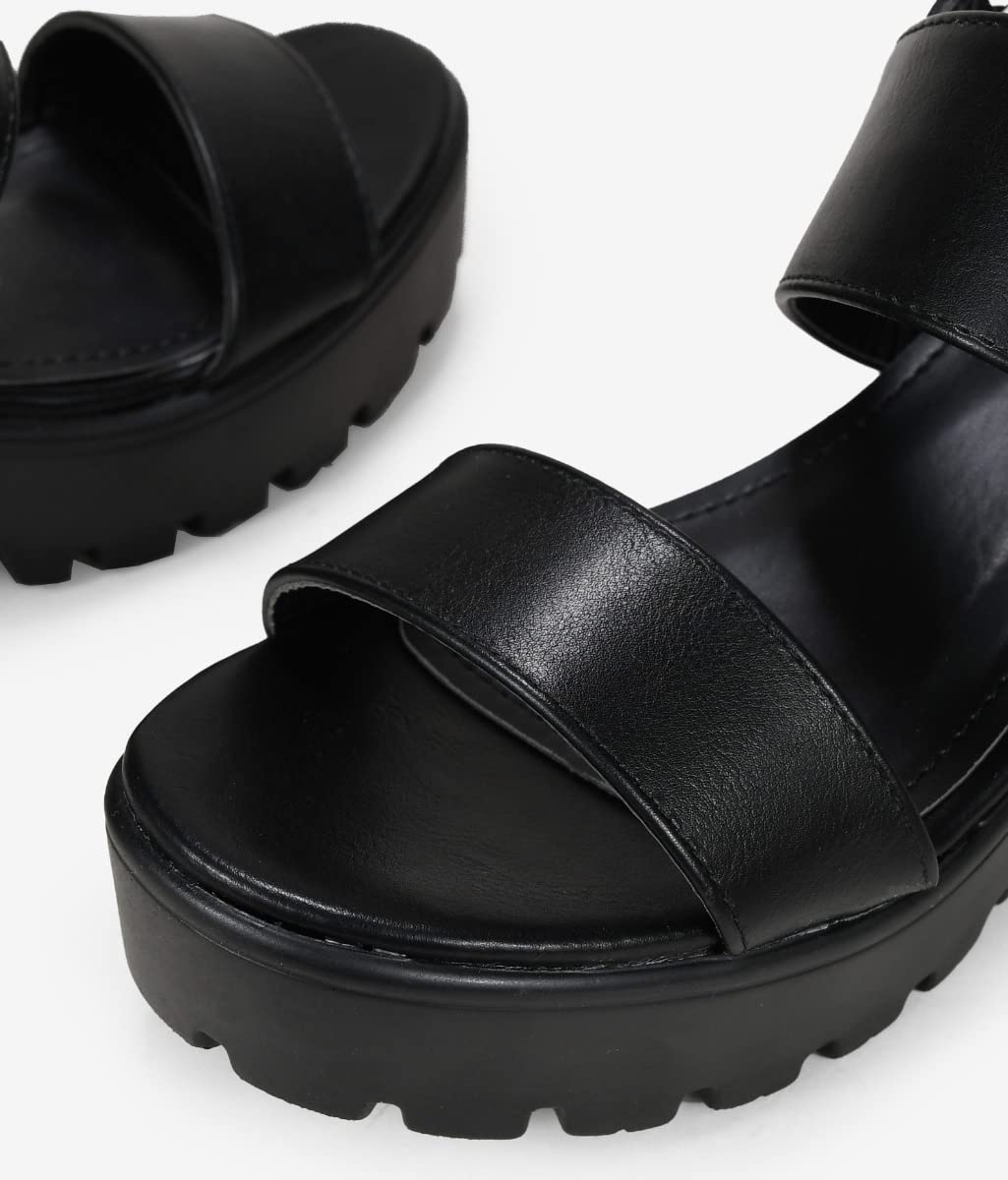 BOSANOVA Sandalias Negras con Dos Tiras Anchas al Empeine y Suela de Plataforma Dentada con tacón. Cierre de Pulsera con Hebilla. Calzado para Mujer