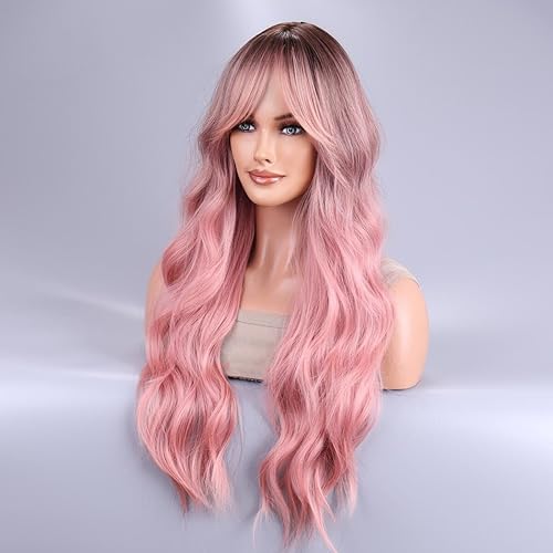 Miniatura 10 de AneShe Peluca sintética larga ondulada de 26 pulgadas con raíces oscuras, parte media, resistente al calor, para mujeres, cosplay, uso diario, fiesta