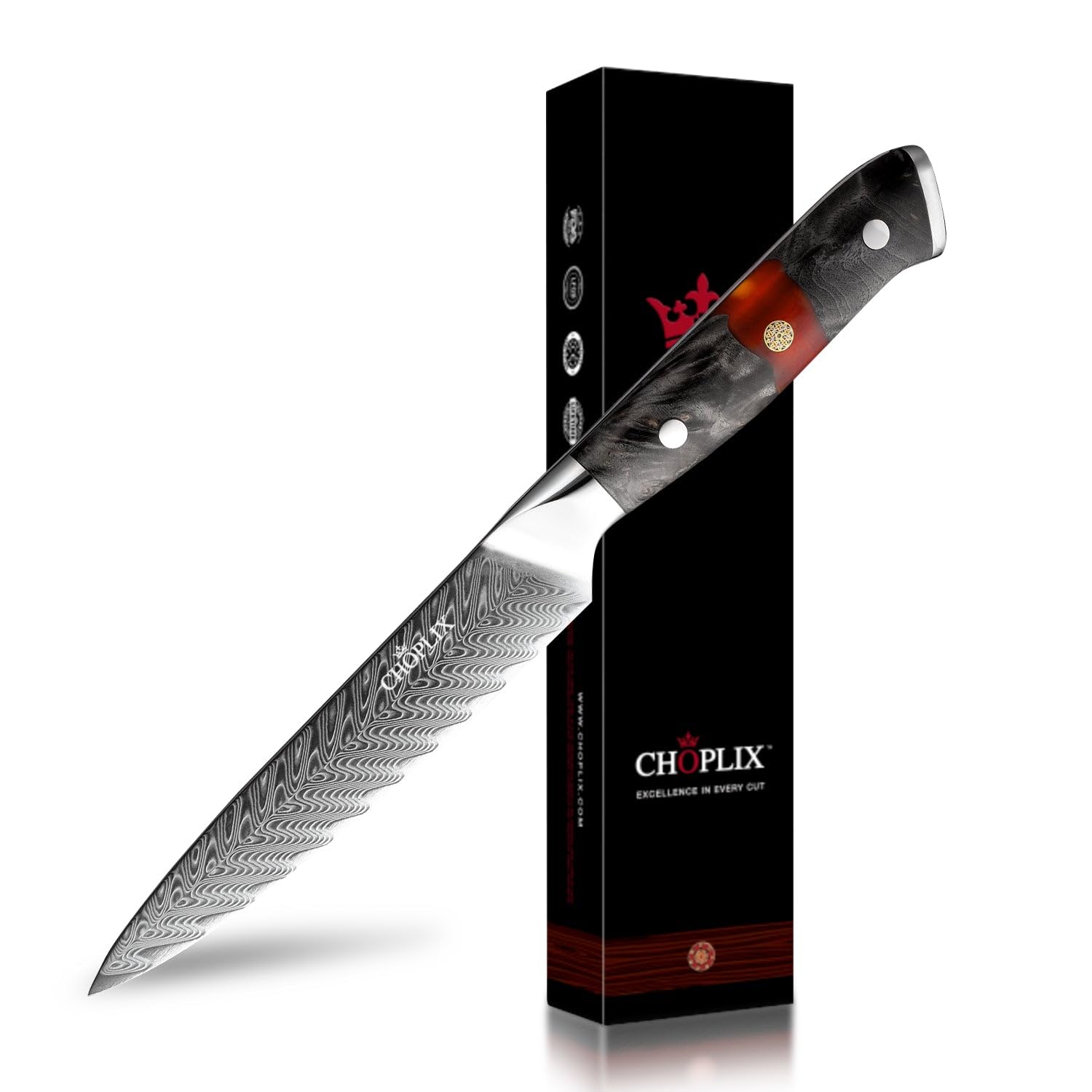 EmberSharp Series 5-inch Utility Knife 67 Layers Damascus Steel Blades with Solidified Wood & Red Resin Handles, Professional Kitchen Knives, Rust Resistant Design, Versatile for All Cooking Needs