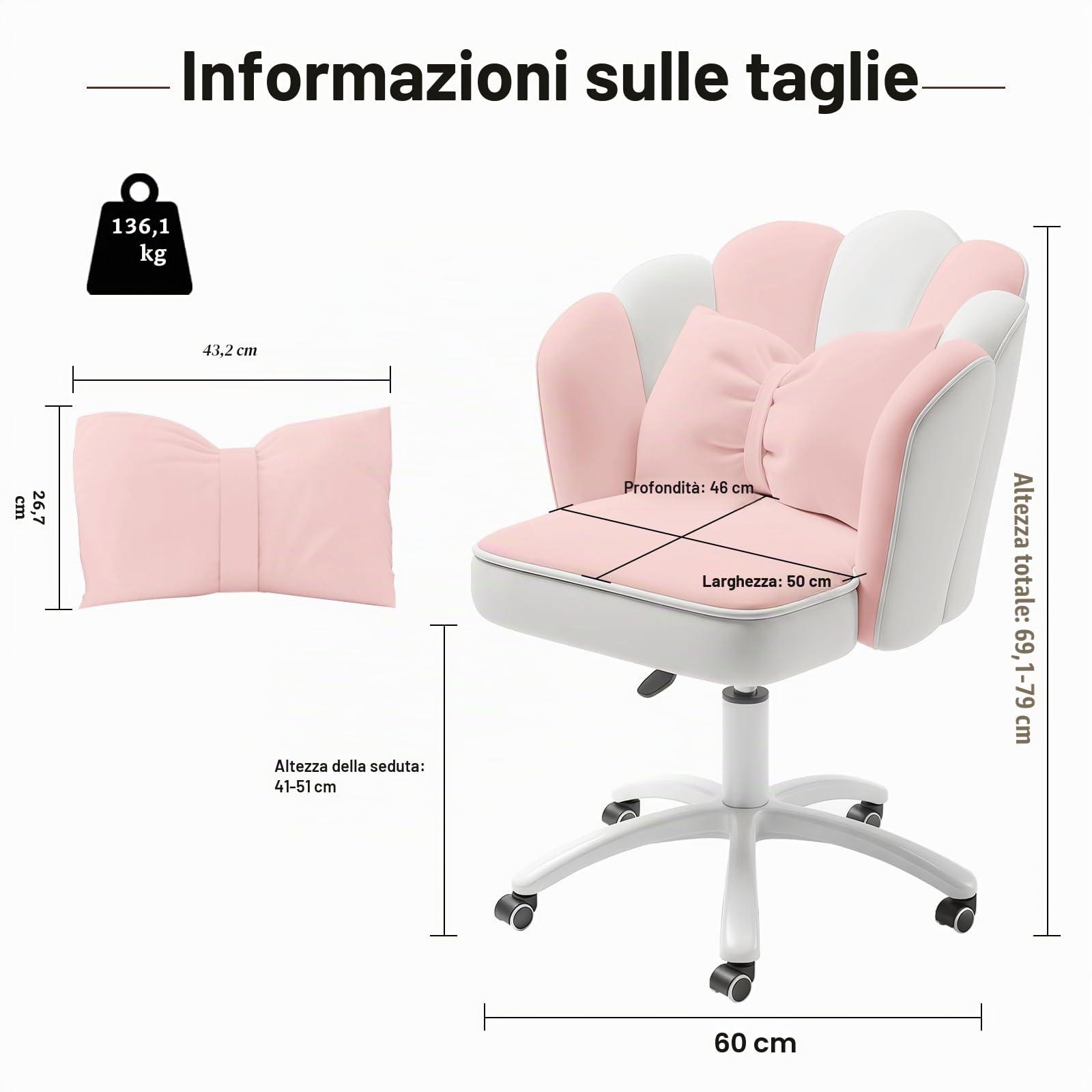 Sedia Vanity Velluto Petalo - Sedia da Scrivania Moderna Imbottita e Trapuntata con Schienale,Sedia da Ufficio Regolabile in Altezza per Camera da Letto e Soggiorno(Rosa e Bianco)