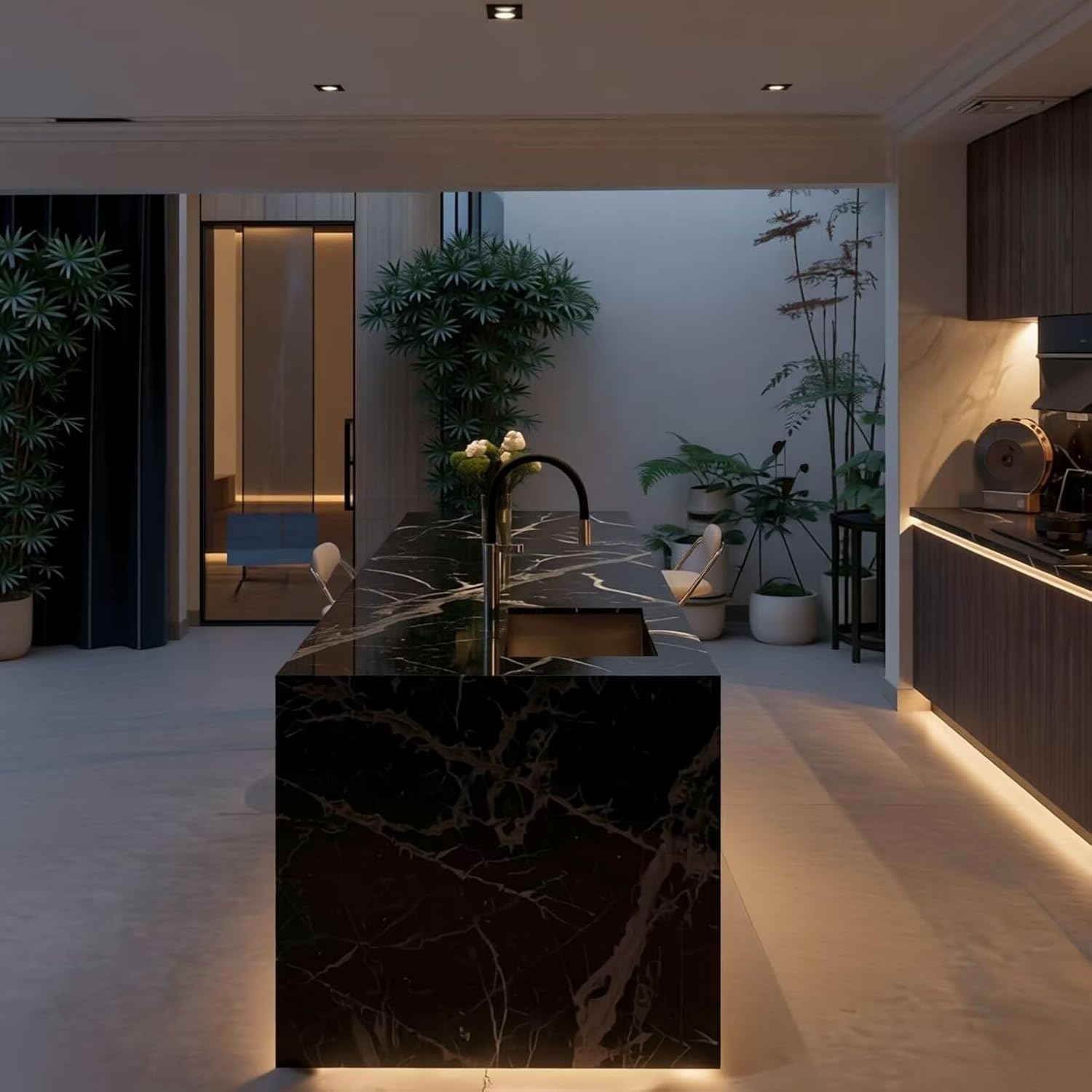 Kitchen Island with Storage - Kitchen Island Table with Integrated Sink, Modern Dinner Table Includes Under Cabinet Lighting, Power Outlets, Slate Patterned Top for 2 (68IN No Chairs)
