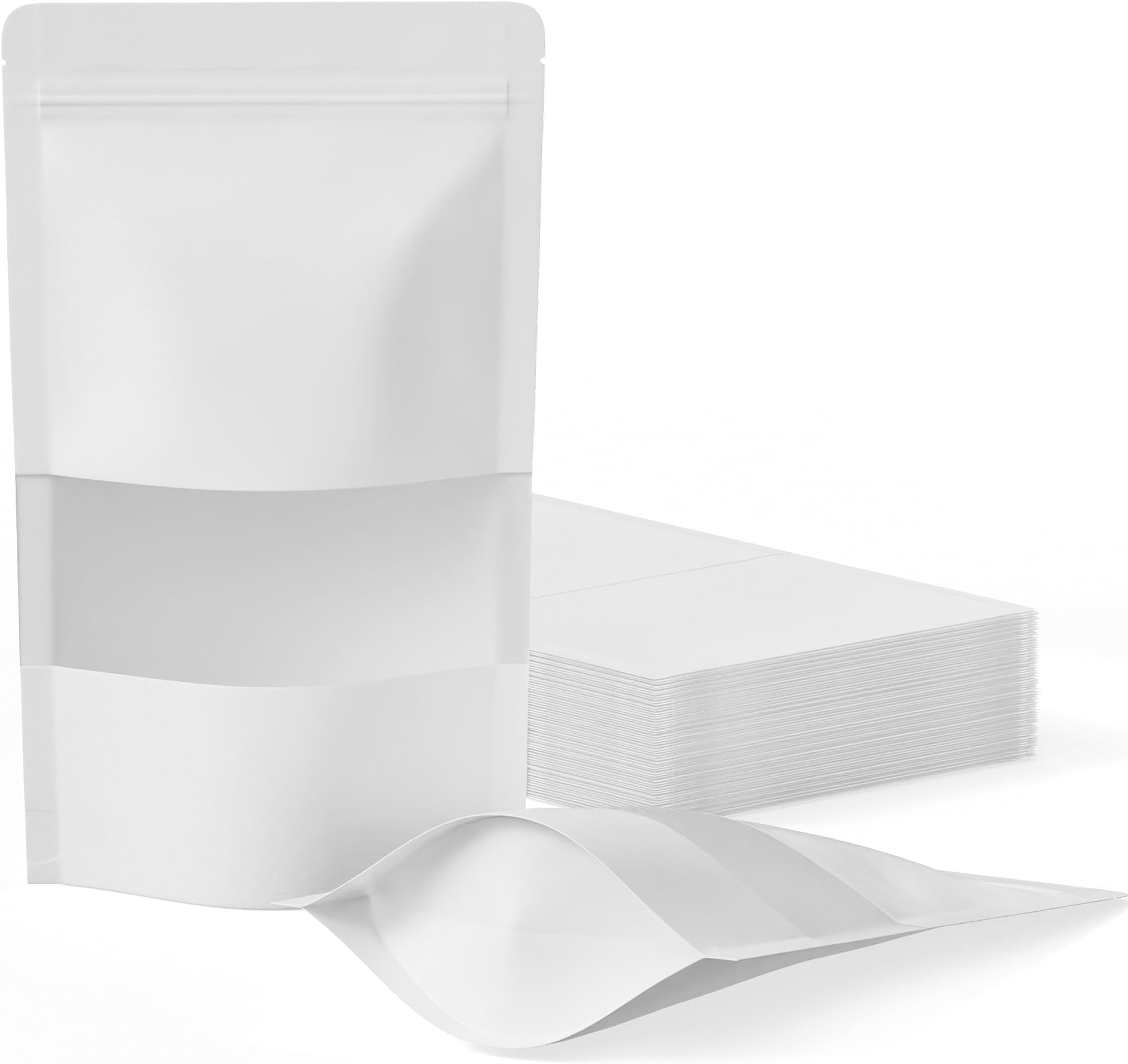 FireKylin 100 Pcs Resealable Bags, Paper Stand Up Pouches Bags with Matte Window for Small Businness, Zipper & Heat Sealable Treat Bags for Packaging(Inner Size 4.1" x 4.9"; Outer Size 4.7" x 7.9")