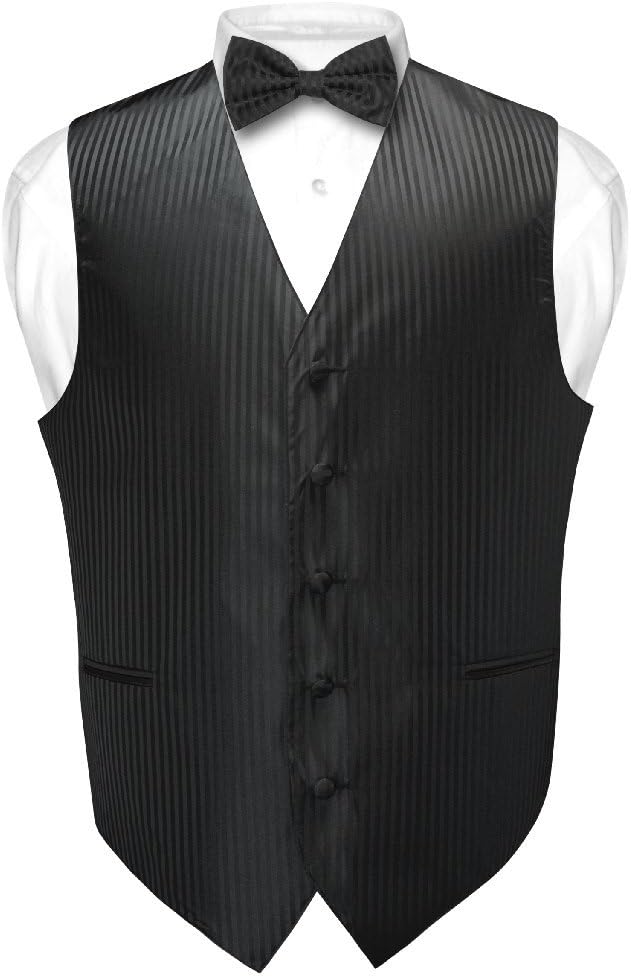 Vesuvio Napoli Men's Dress Vest & BOWTie BLACK Vertical Striped Design Bow Tie Set for Suit Tux