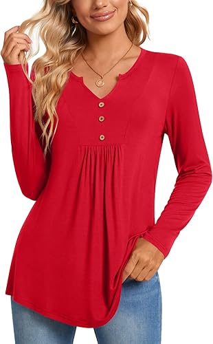 CATHY Blusa tipo túnica de manga larga para mujer, cuello en V, con botones, informal, plisada, básica