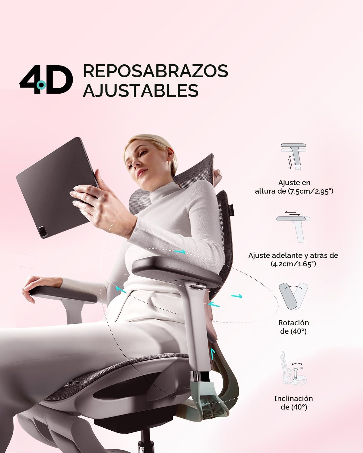 Hbada E3 Pro Silla de Oficina Ergonomica - Soporte Lumbar Dinámico de 3 Zonas, Reposacabezas 3D y Brazos 6D, Silla Ergonomica Escritorio con Reposapiés (Rosa)