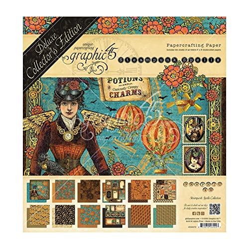 Graphic 45 Double-Sided Paper Pad 8"X8" 24/Pkg-Steampunk Spells, Black,Orange, 8 inches x 8 inches