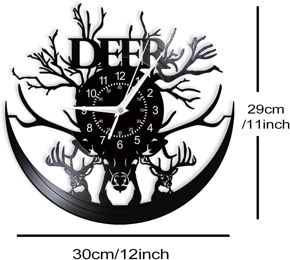 Deer Wall Clock, 12 Inch 7 Colors LED Deer Hunt Vinyl Record Wall Clock Silent Non Ticking, Vintage Decorative Animal Antlers Night Light Wall Watch Clock for Living Room Bedroom Hunter Gift