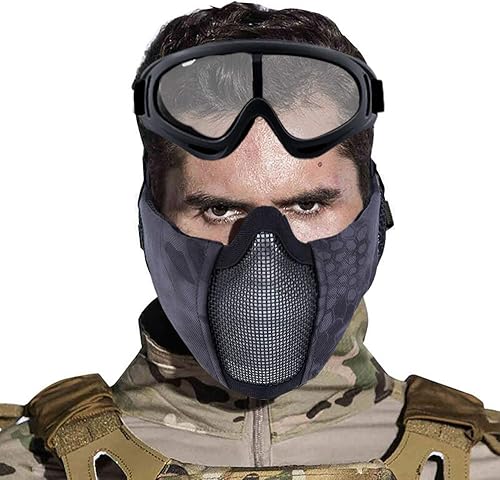 Miniatura 5 de Yzpacc - Máscara de Airsoft con Gafas, Máscara de Malla Plegable de Media Cara con Protección para los Oídos para Paintball, Tiro, Cosplay, Juego CS