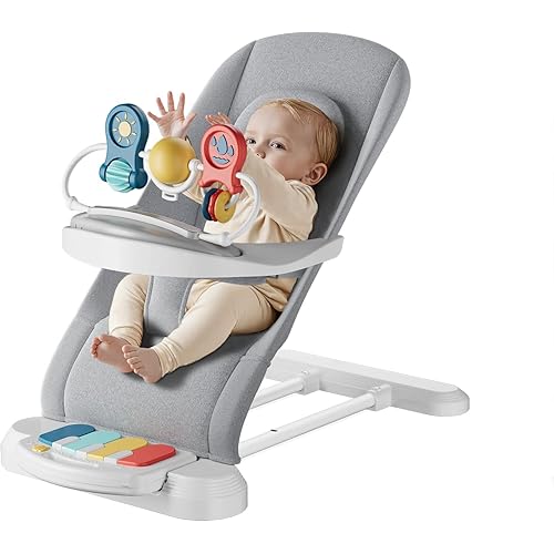 Baby Bouncer, Baby Bouncer Seat with Detachable Pianos & Feeding Tray, 3-Level Adjustable Positions Bouncing Seat, Infant Bouncer Seat and Toddler Chair (Grey)
