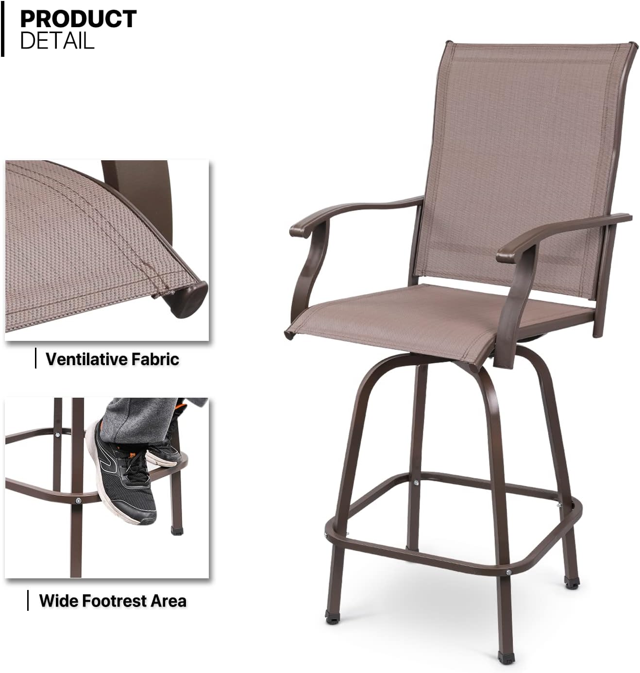 MoNiBloom Outdoor Swivel Patio Chair Set of 2, Breathable Fabric High Top Outdoor Chairs 360 Degree Swivel Patio Bar Stools with Metal Frame and High Back Design for Backyard Lawn Balcony, Brown : Patio, Lawn & Garden