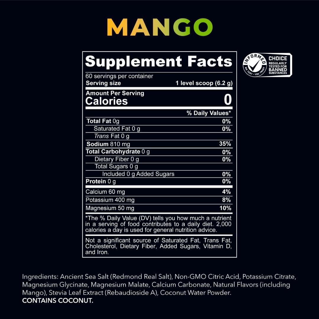 REDMOND Re-Lyte HYDRATION Drink Mix MANGO, lata de 374 g - Electrolitos en polvo, sin azúcar, con auténtica sal Redmond Real Salt, electrolitos, más de 60 minerales y oligoelementos esenciales