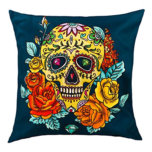 WaaHome Day of The Dead Throw Pillow Cover Dia De Los Muertos Decorations 18 X18  Cotton Linen Day of The Dead Sugar Skull Pillow Cushion Cover Case