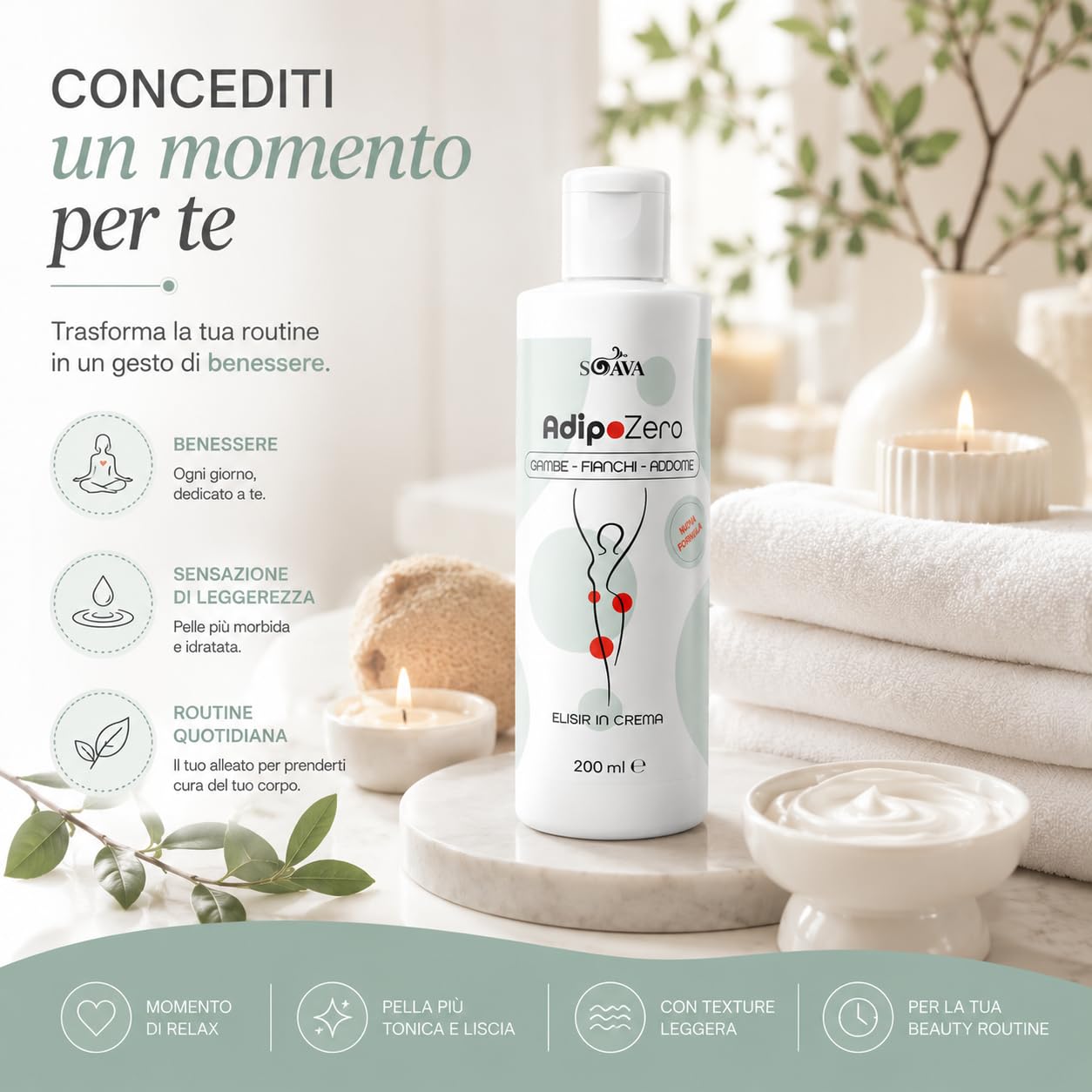 AdipoZero Crema Snellente Anticellulite, 400ml | Effetto Tonificante e Rassodante, Formula Drenante, Per Gambe, Glutei e Addome, Texture Leggera