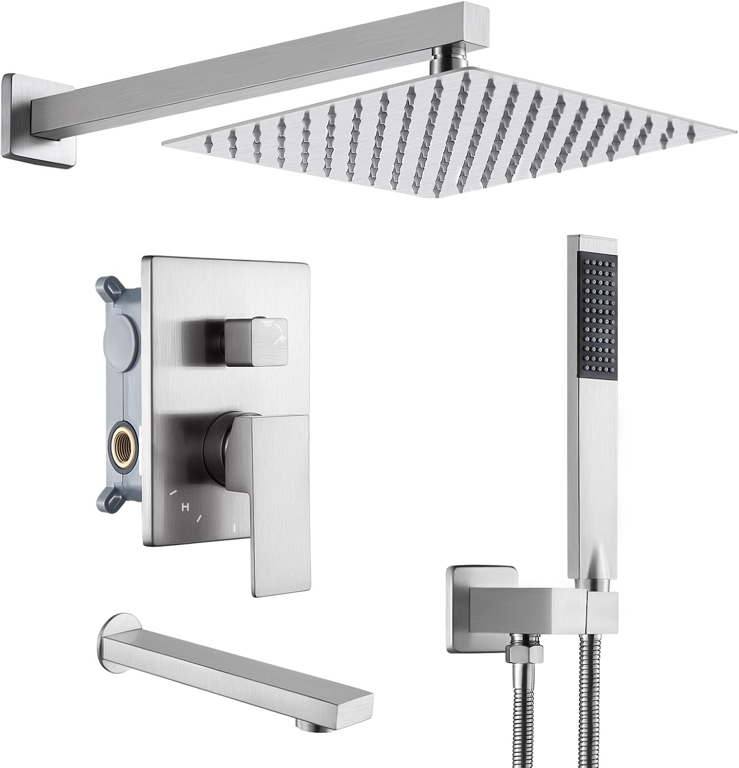 KES Shower System Pressure Balancing Shower Valve with Tub Faucet Spout Set Handheld and 10 Inch Rainfall Shower Head Combo All Metal Brushed Finish, XB6300-BN
