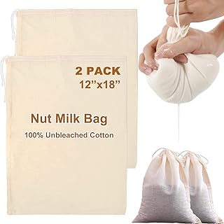 2 Pack Large Cheese Cloth Bags for Straining Cotton Muslin Bags Nut Milk Bag Reusable Nutmilk Mesh Bag for Cheesecloth for Straining Fine Mesh and Drawstring Closure (12"x18")